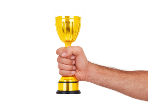 Hand holding golden trophy, symbolizing victory, achievement, and success, isolated on transparency background, with sense of pride and accomplishment, perfect for award or recognition concepts