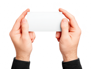 Two hands holding blank white card, isolated on transparent background, suitable for mockup, business, or invitation concepts, with neutral and clean appearance