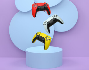 Colorful gaming controllers joystick levitating over podium against abstract background, minimalist concept device on pedestal