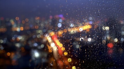 City skyline viewed through a rain-soaked window at night, showcasing urban lights and reflections