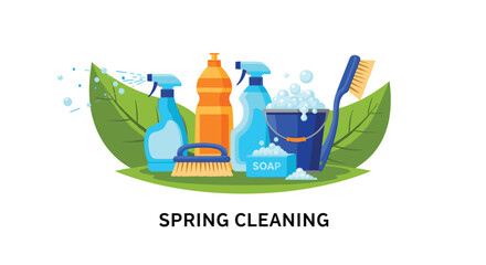 Spring cleaning supplies and tools for a spotless home.