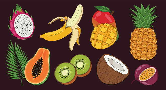 A vibrant collection of tropical fruits including banana mango pineapple dragon fruit and passion fruit.
