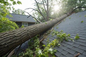 A large fallen tree branch severely damages a residential roof, showing storm impact, destruction, debris, structural risk, insurance claim needs, emergency repair, and hazardous weather aftermath.