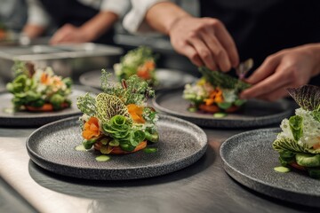 Collaborating with chefs to create innovative plant-based dishes in a modern kitchen setting during a culinary workshop