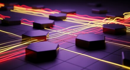 Abstract network connections and digital lines flow across polygonal shapes