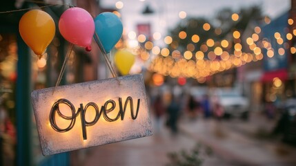 Festive open sign with colorful balloons and warm bokeh lights on a busy street during the evening hours inviting customers to enjoy local shops