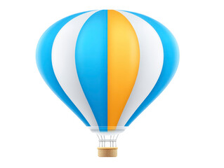Naklejka premium Hot air balloon with blue, white, and orange stripes isolated on transparent background, featuring wicker basket and realistic design, symbolizing adventure and freedom