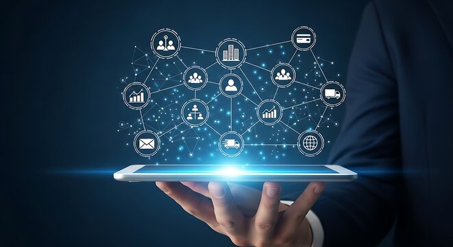 Digital Transformation Business Network Concept on Tablet Held by Executive