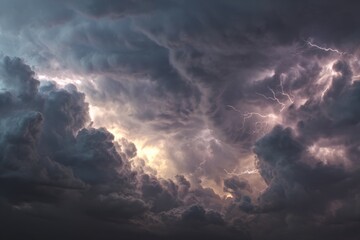 Obraz premium Dramatic lightning strikes pierce dark storm clouds during a turbulent evening sky