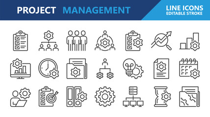 Project leadership icons. Project management line icon set. Editable Stroke.