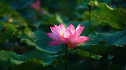 Obraz premium Beautiful pink lotus flower in full bloom among vibrant green leaves in a serene natural setting