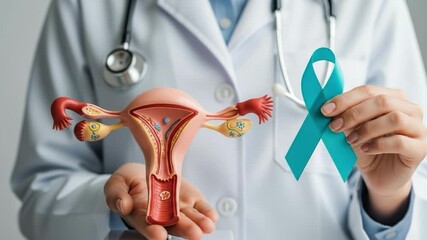 Doctor holding teal ribbon next to uterus model for cervical cancer awareness