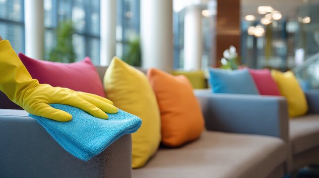 Professional cleaner prepares to sanitize vibrant hotel lobby seating with colorful cushions during morning shift - Powered by Adobe