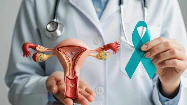 Doctor holding teal ribbon next to uterus model for cervical cancer awareness