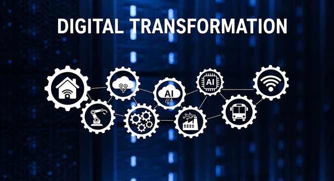 Digital Transformation Concept with Industry Icons on Abstract Background Showing Innovation