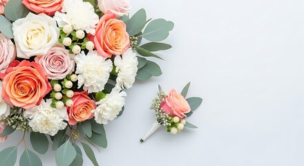 Elegant wedding bouquet and boutonniere with roses and carnations isolated on white background
