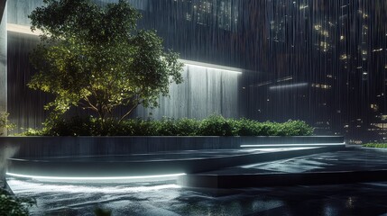 Modern urban garden with glowing lights on a rainy night