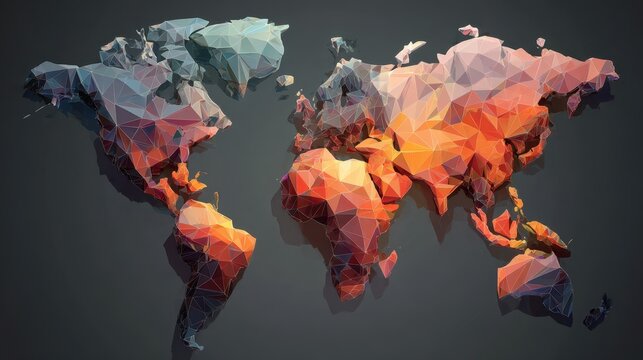 Digital low poly world map showcasing a colorful representation of the Earth with an abstract design, emphasizing modern digital art's creativity and visual appeal