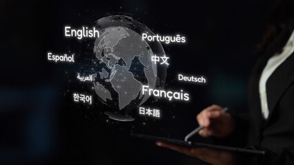 Global communication with multiple languages, digital translation tools, multilingual technology,...