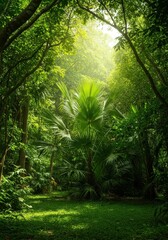 Naklejka premium Lush, sun-drenched tropical jungle landscape during the hot season, showing vibrant green foliage and bright colors ,bright ,outdoor ,summer