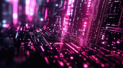 Digital circuit board with glowing pink neon data flow