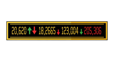 Digital financial ticker displaying real-time stock market data with green up and red down arrows on a black and gold background