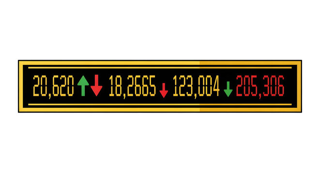 Digital financial ticker displaying real-time stock market data with green up and red down arrows on a black and gold background