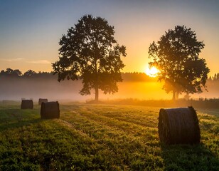 Misty sunrise illuminates hay bales in a tranquil meadow