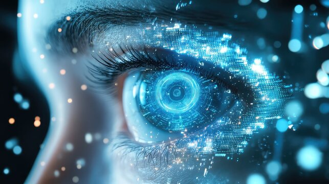 Human eye connecting with digital data and artificial intelligence