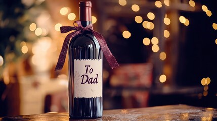 A bottle of red wine with a bow and a label that says 'To Dad' on a wooden table with a blurred background of lights and a Christmas tree.
