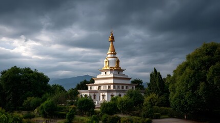 A majestic white and gold stupa with intricate tiers surrounded by lush greenery under a dramatic cloudy sky