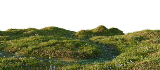 Serene river flowing through a lush green landscape. 3D render.	
