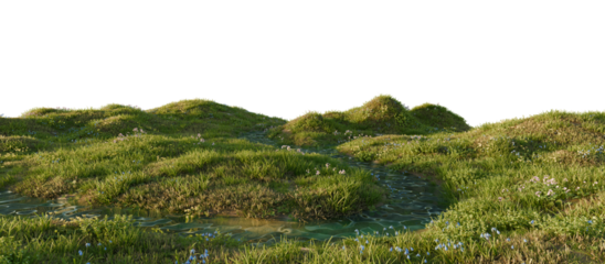 Serene river flowing through a lush green landscape. 3D render.	
