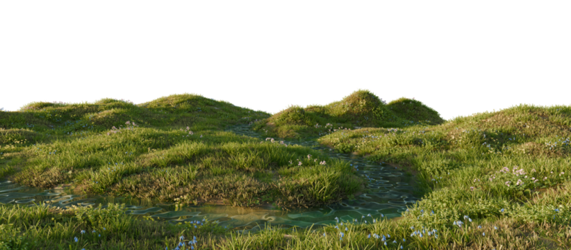 Serene river flowing through a lush green landscape. 3D render.	
