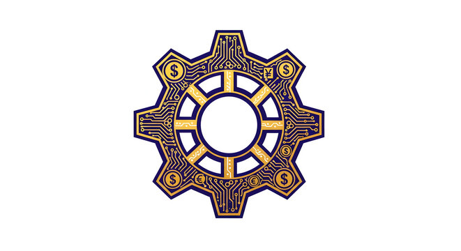 Digital Economy Gear Icon with Circuit Board Pattern and Dollar Signs