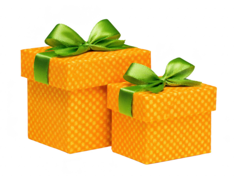 Yellow gift box with green ribbon, square shape, polka dot pattern, festive and cheerful, perfect for birthday, holiday, or celebration present wrapping - Powered by Adobe