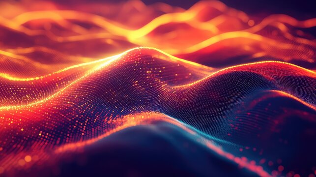 Abstract glowing particle waves forming digital data mesh