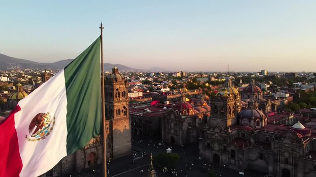 Aerial video of Mexico City's Zocalo Square at golden hour. Cathedral, Palace, Mexican flag waving. Bustling square, vibrant sky, historical grandeur and vibrant life