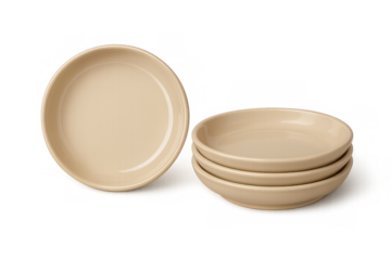 Ceramic stoneware bowls in beige color, new kitchen dishware stack and single bowl for modern home serving, isolated