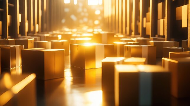 Gold boxes moving in abstract warehouse delivering e commerce goods