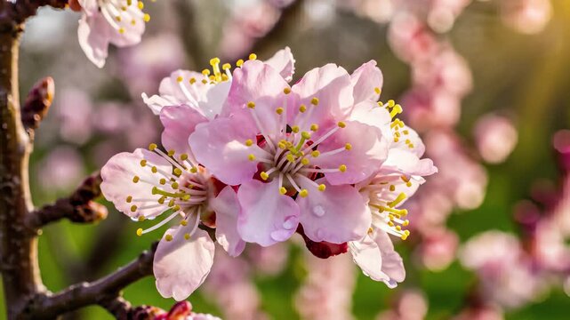 Pink flower blooms on tree branch, capturing springs promise of new beginnings, hope, and joy, perfect for conceptualizing themes related to growth, renewal, or celebration of lifes milestones.