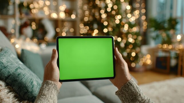 Person holds a tablet with a green screen in a cozy living room filled with holiday lights and decorations in the background, creating a warm and inviting atmosphere