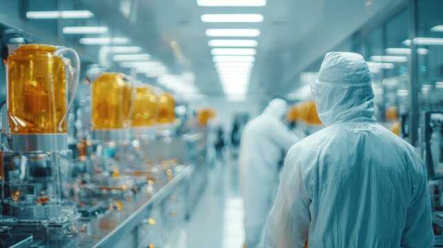 Research activities in a pharmaceutical lab with scientists engaged in the development and testing of medical equipment and substances in a modern facility