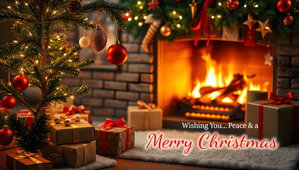 Christmas background image 2026 with cozy interior, stone fireplace, decorated Christmas tree, wrapped gifts, soft rug, glowing fire, and holiday greeting text.
