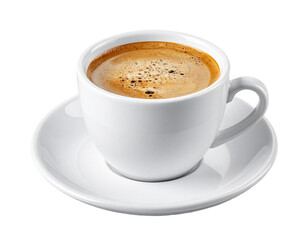 Obraz premium Cup of coffee on a saucer isolated on white background, transparent PNG