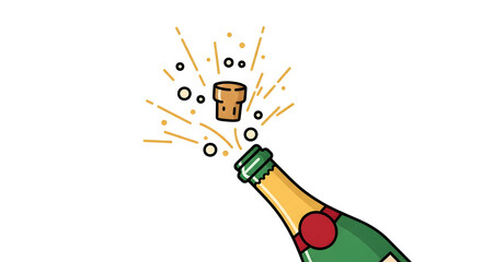 Champagne bottle popping cork with sparkling bubbles, hand-drawn illustration for celebration and success