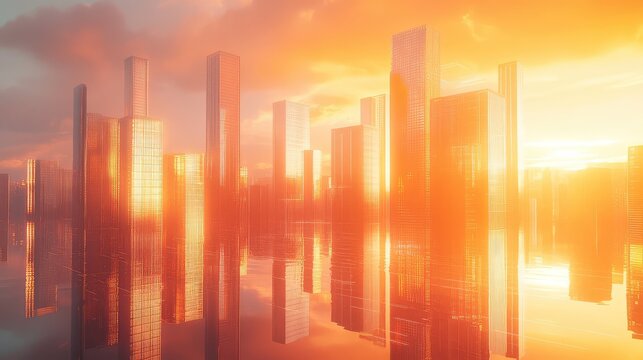 Futuristic cityscape reflecting sunset sky and modern architecture