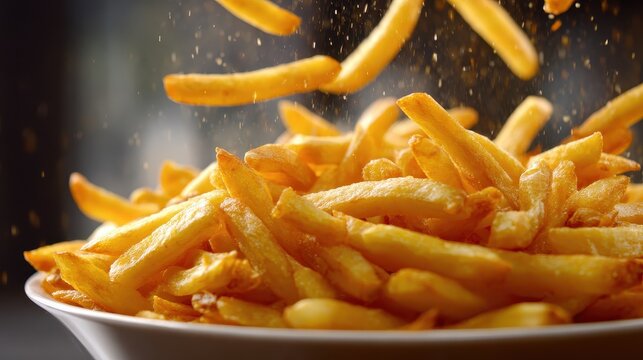 Golden French fries fall into a bowl creating a delicious and inviting scene perfect for snack time or mealtime enjoyment