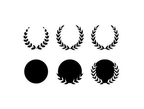 Laurel wreath award victory achievement honor symbol black silhouette set collection Elegant black laurel wreath silhouettes and award badge icons symbolizing victory achievement and honor perfect