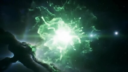 Energy explosion in space, green light streaks from bright center against starry night background for science graphics - Powered by Adobe